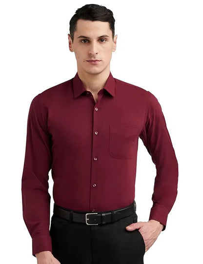 Men’s maroon slim fit formal and casual full sleeve solid shirt by 6824, shown laid flat with front view and button details.