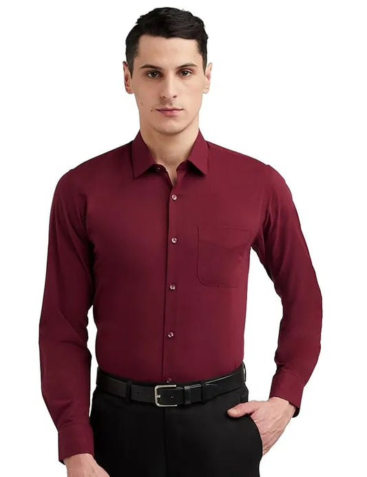 Men’s maroon slim fit formal and casual full sleeve solid shirt by 6824, shown laid flat with front view and button details.