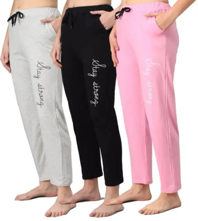 Multicolor cotton blend straight fit women's trousers, size M, shown in a pack of three, casual and comfortable pants for women.