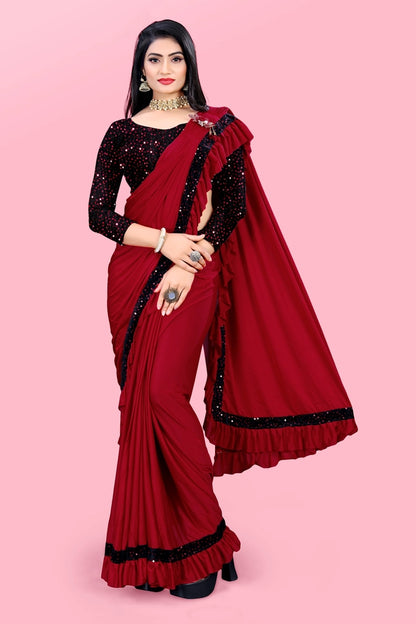 Maroon lycra blend solid saree for women, 6.3 meters, featuring smooth fabric and elegant drape, by brand 6706.