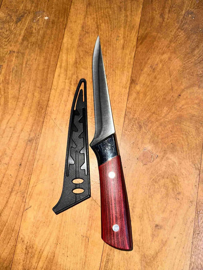 Stainless steel Japanese kitchen knife with a sharp blade and wooden handle, ideal for precision slicing and chopping.