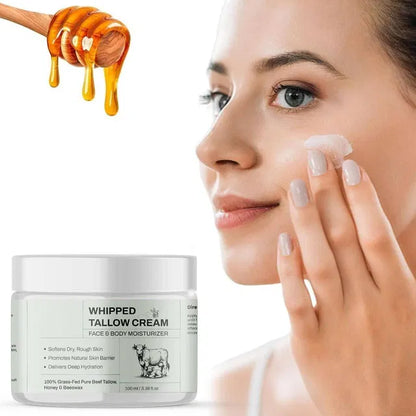 Two 100ml jars of 18058 whipped tallow cream, creamy skincare product with smooth texture in clear jars with white lids.
