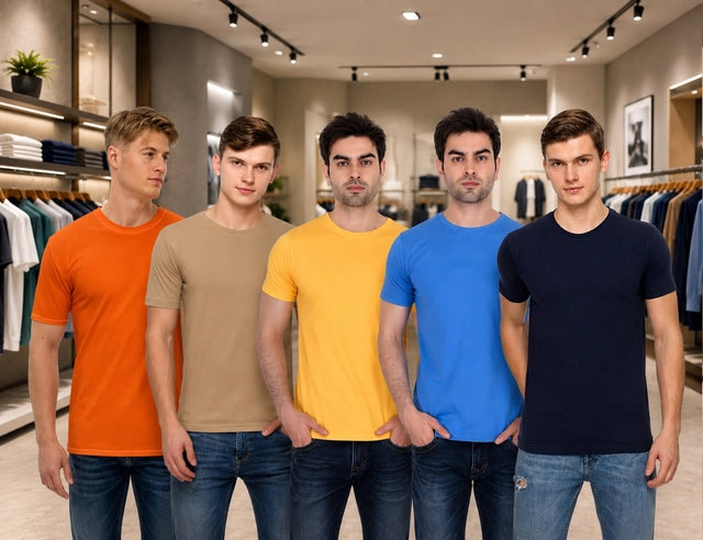 Men's Solid Round Neck Polycotto Multicolor T-Shirt (Pack of 5)
