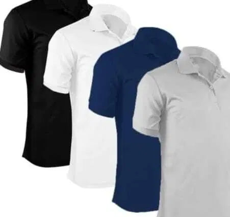 Set of four multicolor men's Polo Neck T-Shirts by 34752, showing different colors and fabric textures.
