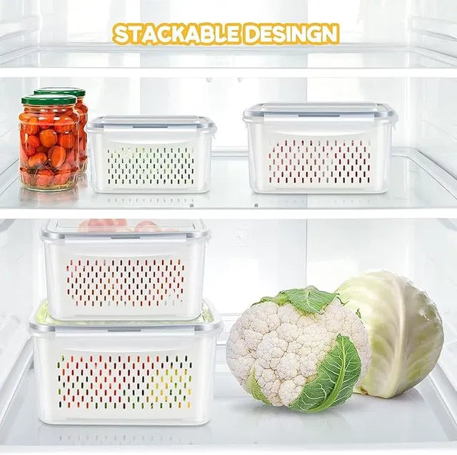 Set of four refrigerator storage containers with airtight lids, ideal for organizing fruits and vegetables in kitchen fridge bins.