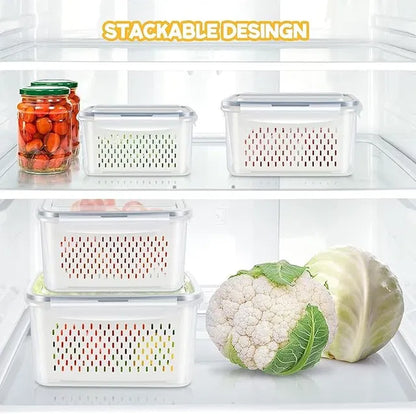 Set of four refrigerator storage containers with airtight lids, ideal for organizing fruits and vegetables in kitchen fridge bins.