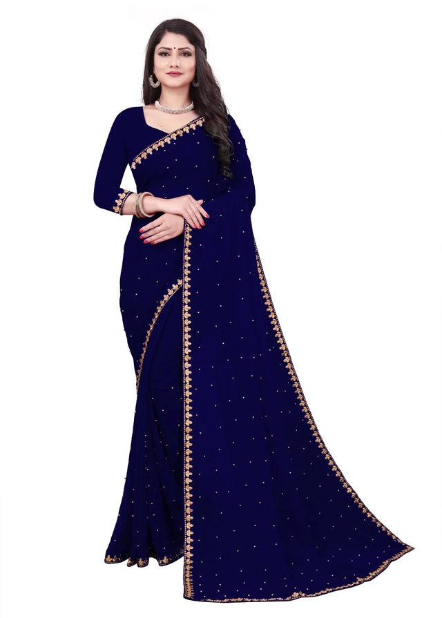 Navy blue lycra blend solid saree for women, 6.3 meters, featuring smooth fabric and elegant drape, by brand 6706.