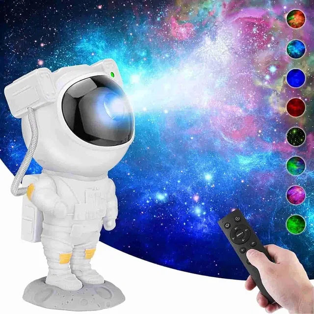 22927 Astronaut Galaxy Projector lamp with magnetic head, remote control, projecting star and galaxy images onto walls.