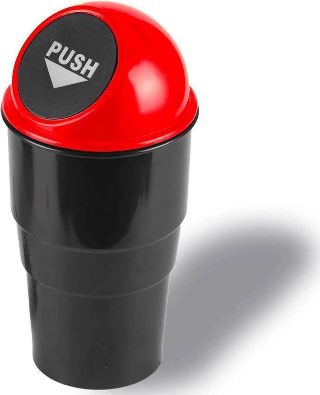 Portable mini car trash can with leakproof lid, cute cup holder design, plastic dustbin for cars and offices.