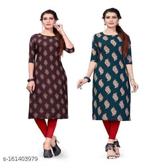 Crepe printed kurti for women, brown and green, size S, from 1457; showcasing stylish design and vibrant colors.