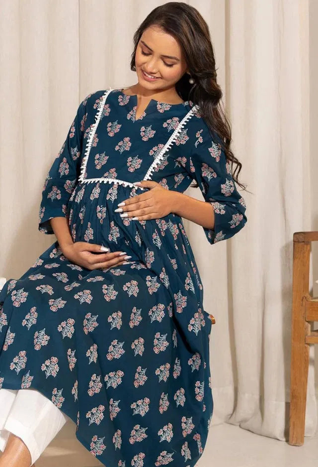 Floral printed notch neck A-line maternity kurta for women, featuring vibrant floral patterns and comfortable fit.