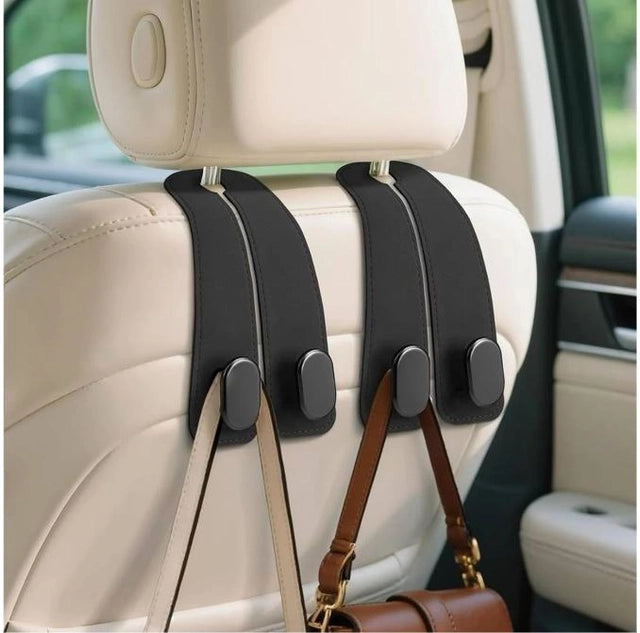 Pair of 19381 PU leather car seat headrest hooks for holding bags or accessories, designed for vehicle seat headrests.