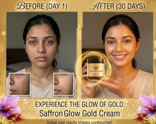Cream jar of Saffron Glow Gold Cream from 35874, showcasing the luxurious gold-toned packaging and smooth cream texture.
