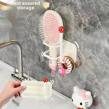 Self-adhesive wall-mounted hook for hair accessories, no drill, brand 19357, showing the hook attached to a wall with hairbands hanging.