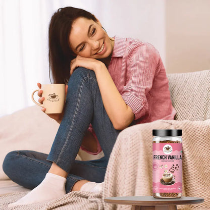 Brewstar French Vanilla Coffee in a coffee pot, showcasing rich vanilla flavor and brewed coffee, brand 34136.