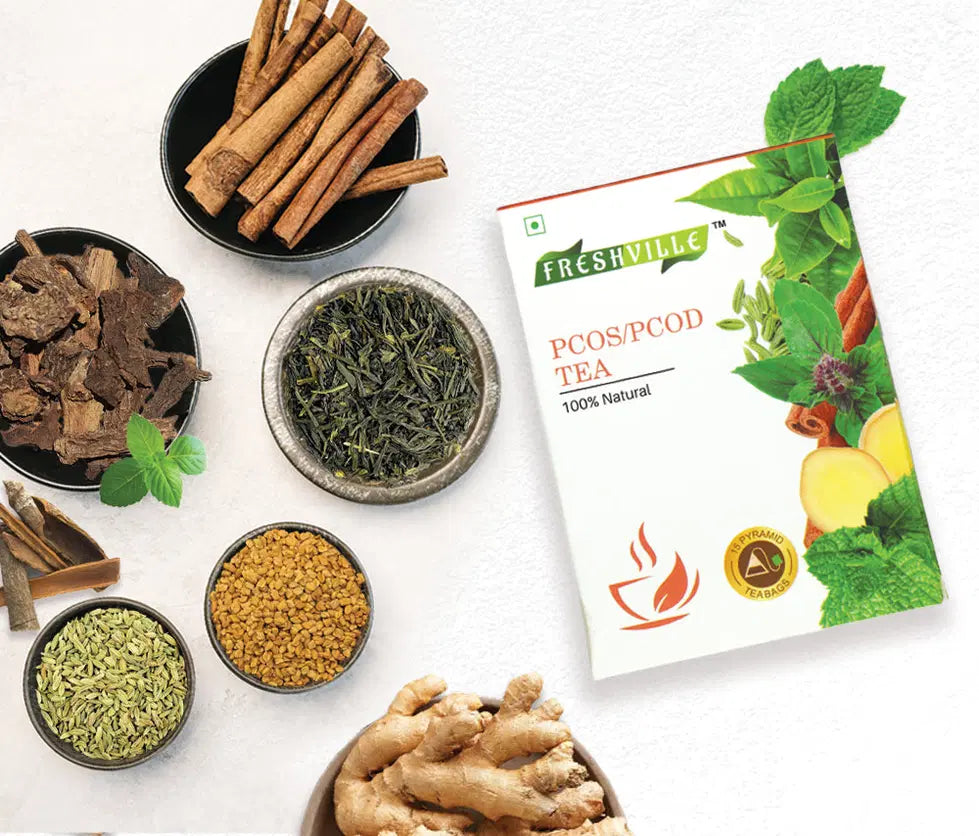 Freshville PCOS PCOD Tea Bag in a tea pot, showing the tea bag inside with branding details, for supporting hormonal health.