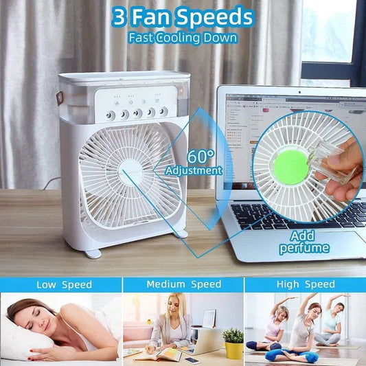Portable mini fan cooler with LED lights, 3 wind speeds, and spray modes, ideal for office, home, dorm, or travel.