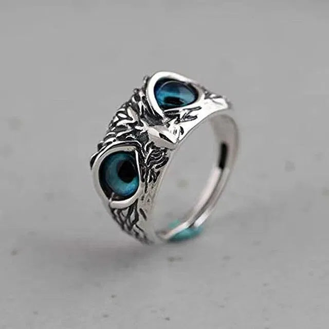 Silver plated owl eye ring for men and women, featuring detailed owl design, part of 18057 Pooja Articles collection.