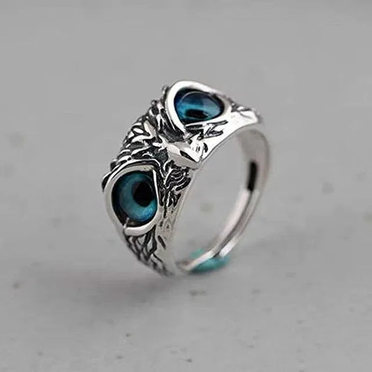 Silver plated owl eye ring for men and women, featuring detailed owl design, part of 18057 Pooja Articles collection.