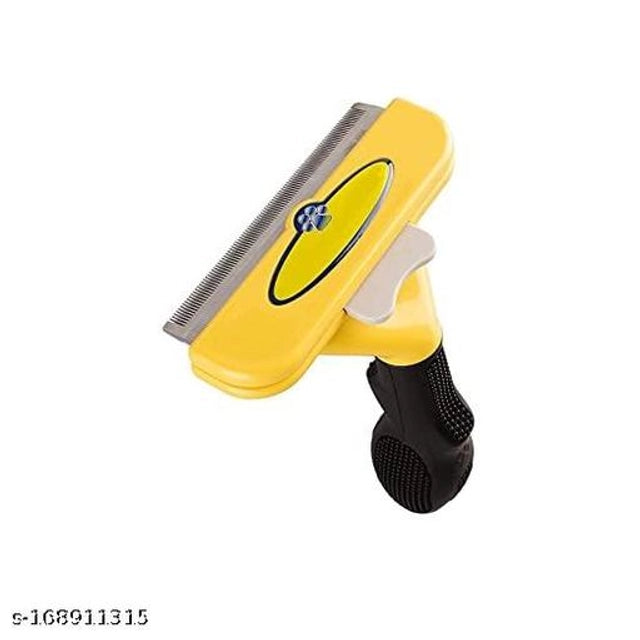 Multicolor pet deshedding brush from 15929 for pets, shown with its ergonomic handle and cleaning blades.