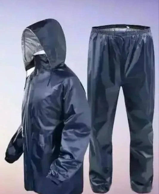 Black men's polyester rainsuit in size XL, waterproof raincoat with a hood and full-length zipper for outdoor protection.