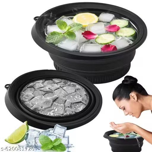 Collapsible silicone ice bowl with built-in ice tray, foldable face wash basin, flexible and portable for skincare or cooling use
