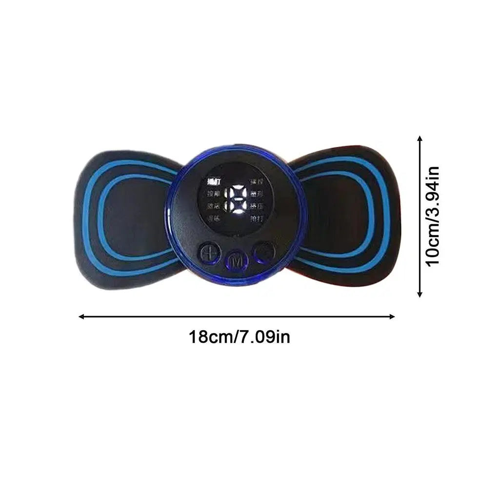 Mini electric massager with 8 modes and 19 strength levels, suitable for shoulders, arms, legs, and back pain relief.