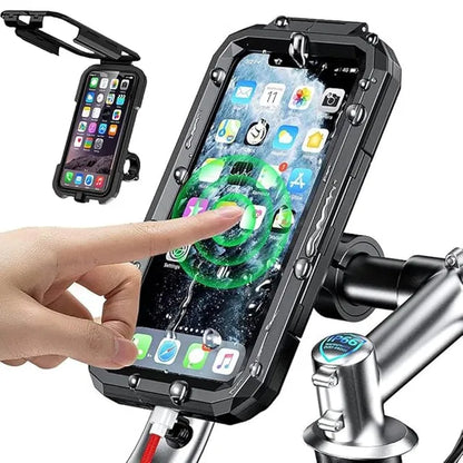 Waterproof mobile holder for cars from 22123, securely holding a smartphone with a waterproof design and adjustable mounting features.