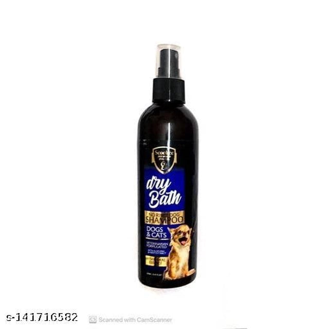 Dry bath shampoo for pets in a 250ml bottle, designed for cleaning pet beds and maintaining pet hygiene.