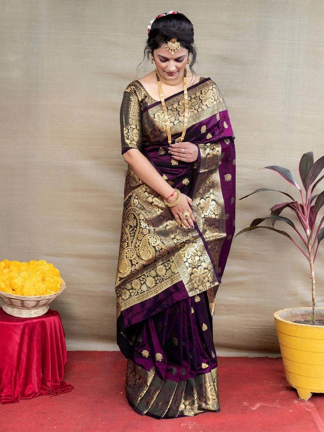 Royal blue Banarasi silk embellished saree for women, featuring intricate embroidery and traditional design.