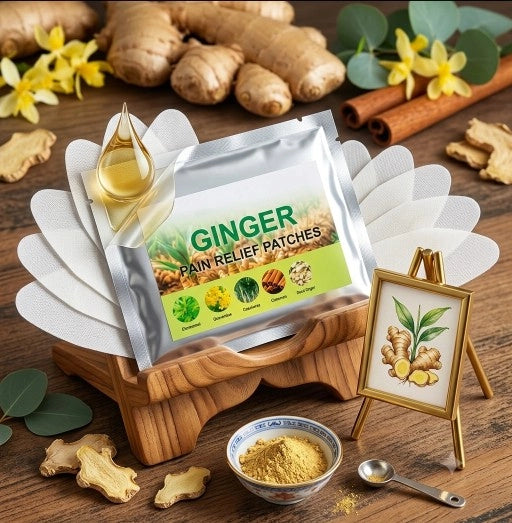 Pack of 10 Ginger Pain Relief Heat Patches by 35931, showing adhesive patches designed for soothing pain relief.