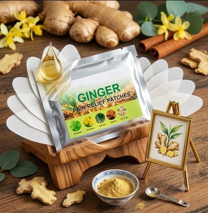 Pack of 10 Ginger Pain Relief Heat Patches by 35931, showing adhesive patches designed for soothing pain relief.