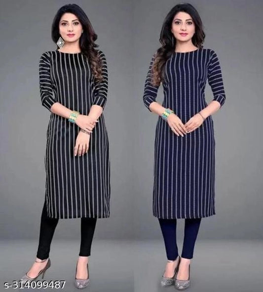 Crepe striped kurti for women by 1457, black and blue, short sleeves, casual wear, size small, pack of 2.