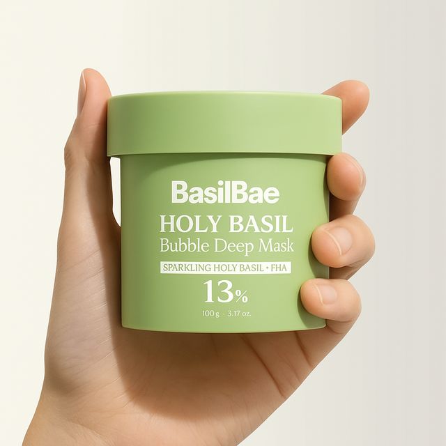 1361 Bubble Deep Mask cream in a jar, showing the textured gel formula with vibrant blue and white swirls for deep cleansing.
