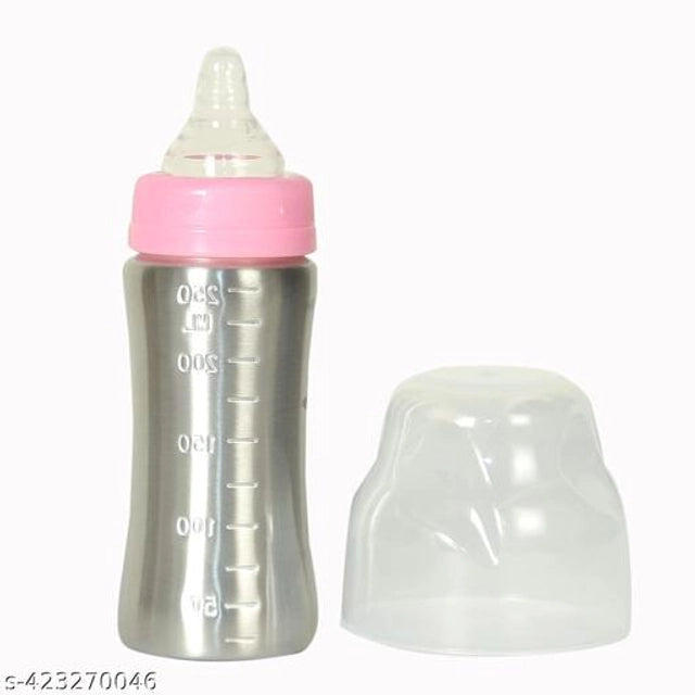Silver and pink stainless steel baby milk bottle with 250 ml capacity, designed for pet beds by 15929.
