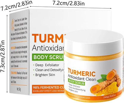 Creamy turmeric and citrus body scrub in a jar, featuring fresh citrus slices and herbal ingredients for exfoliation and skin renewal.