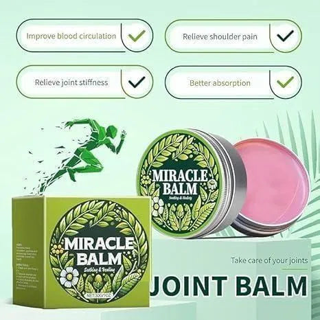 Herbal Miracle Balm lip balm in a small container, natural herbal ingredients for soothing and pain relief on lips.