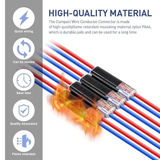 Fast-Fit 2-Pin double-wire plug-in connectors by 18052 for electrical wiring, shown in a pack of six with metal pins and plastic housing.