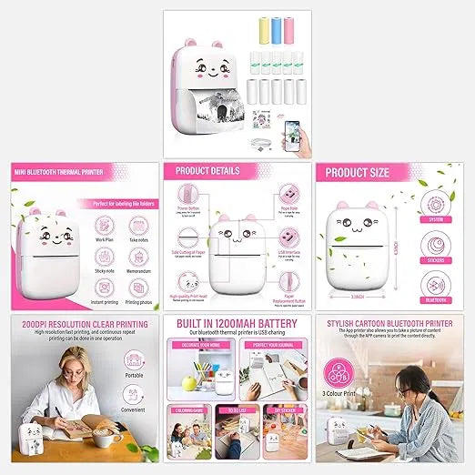 Black and white Bluetooth mini thermal printer for students, portable inkless wireless printer with rechargeable battery for Android and iOS.