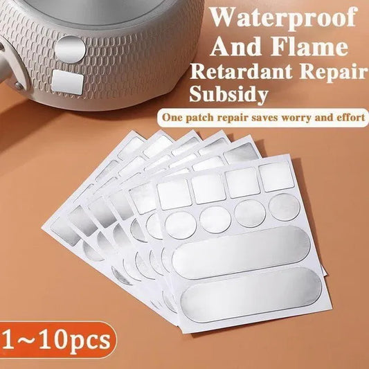 Set of five aluminum patch repair kits for sewing decorative patches, ideal for fixing leaks and adding decorative touches.