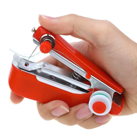 Portable sewing machine by 1238 with a compact design, featuring fabric stitching and control dials for easy sewing on the go.