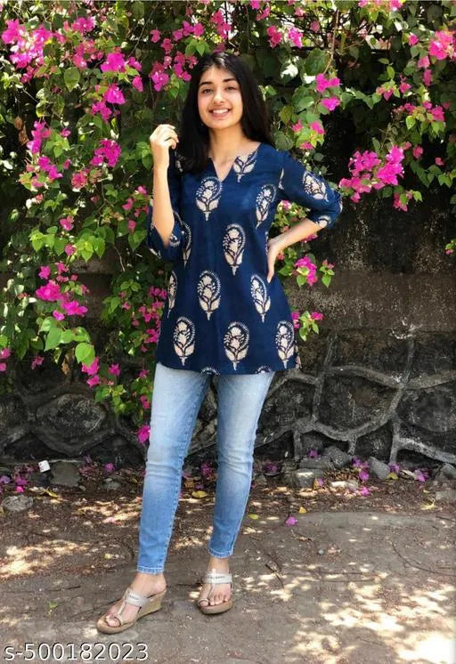 Trendy fashionable block print women's Kurtis with intricate patterns and vibrant colors, showcasing traditional Indian style.