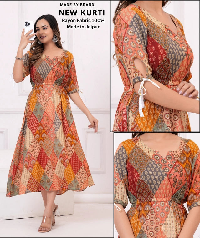 Multicolor rayon printed Anarkali Kurti for women, XS size, featuring traditional design and elegant styling.