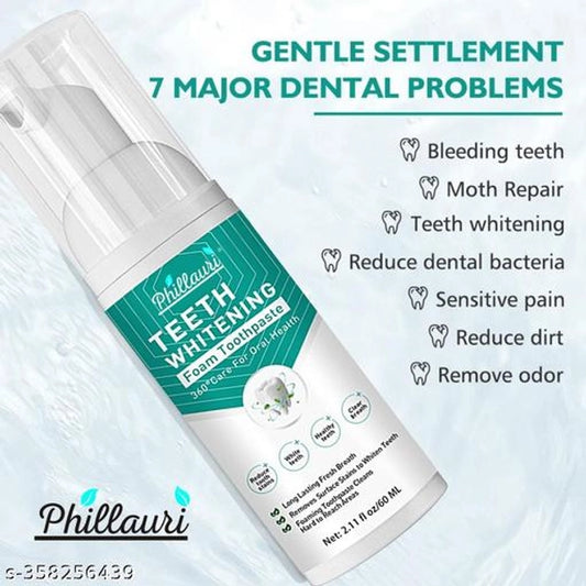 14235 Phillauri teeth whitening foam in 60ml bottle, close-up of the white foam applicator and product label.