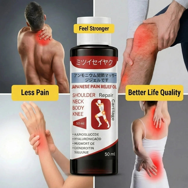 Japanese Pain Relief Oil 400ML pack of 2 bottles, showing the clear gel texture and label with Japanese branding.