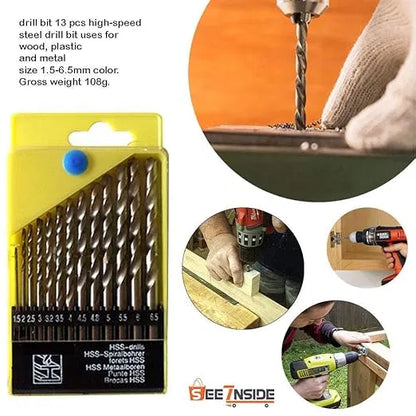 Set of 11798 brand drill bits for wood, iron, aluminium, and plastic, featuring various sizes for versatile hand tool use.