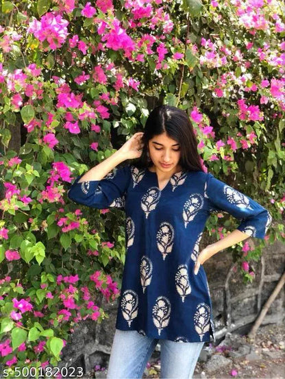Colorful trendy women's block print Kurti with intricate patterns, stylish and comfortable for casual wear.