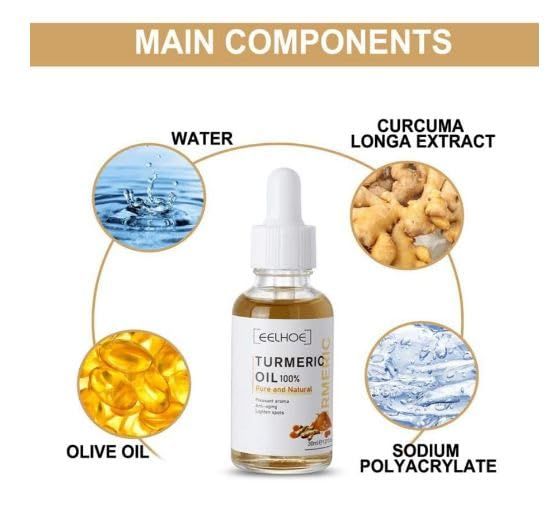 Two bottles of 1361 Face Turmeric Serum Oil for facial skin, featuring golden turmeric-infused formula in clear glass bottles.
