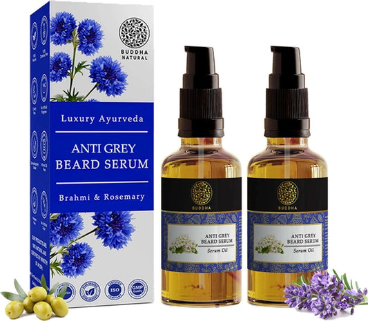 Buddha Natural Grey Beard Serum Oil in a cream gel container, designed for natural herbal beard coloring and grooming.