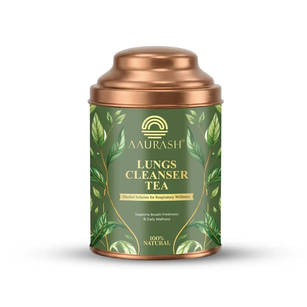 Aaurash Lungs Cleanser herbal tea in a tea pot, promoting respiratory wellness and natural detox with caffeine-free herbal blend.